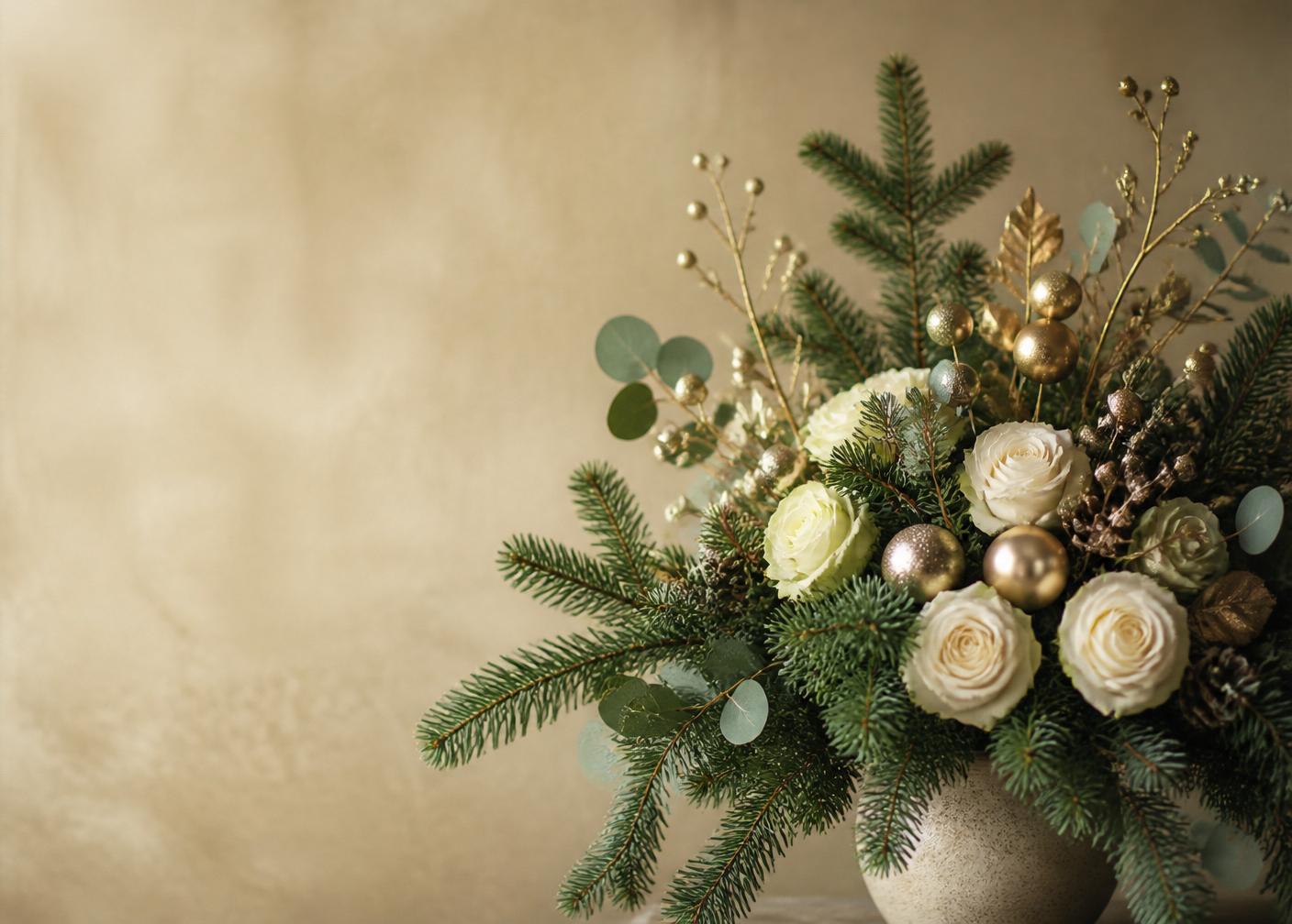 Kerstboeket met dennengroen, witte rozen en gouden accenten