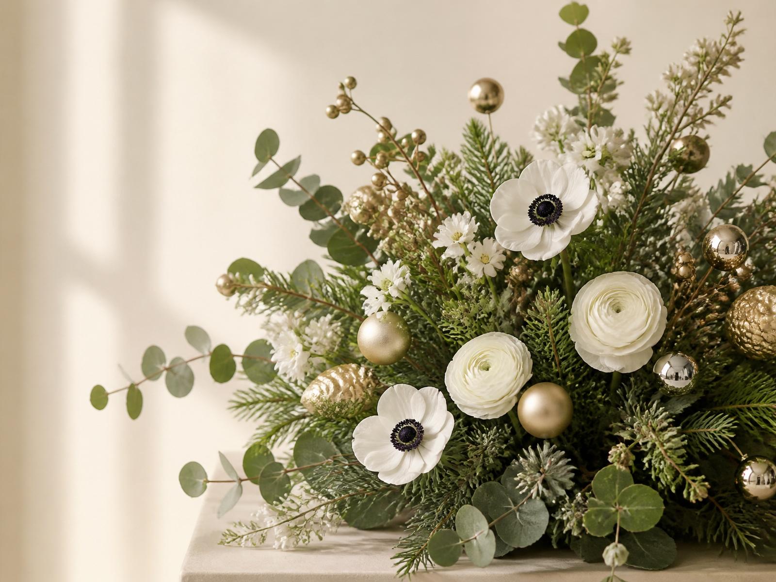 Verfijnd kerstboeket met witte anemonen, eucalyptus en gouden bijstekers